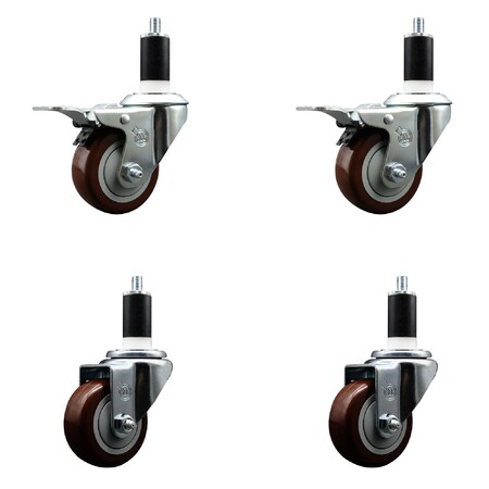 Service Caster 3'' Maroon Poly Swivel 1-3/8'' Expanding Stem Caster Set 2 Total Lock Brakes, 4PK SCC-EXTTL20S314-PPUB-MRN-2-S-2-138